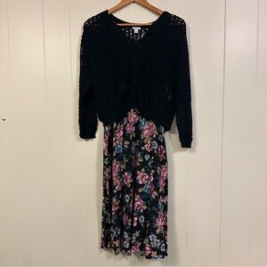 Black Floral vintage 90’s modest Midi Dress with Button-Front Knit Cardigan